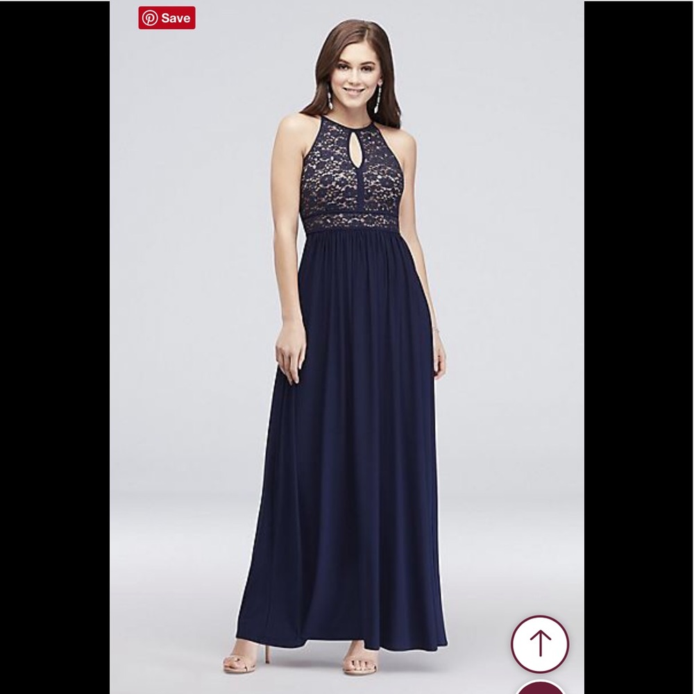 Morgan & Co Lace Keyhole Tie Back Halter Dress in Navy